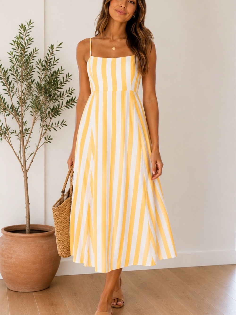 GAP Yellow and White Vertical Stripe Midi Dress